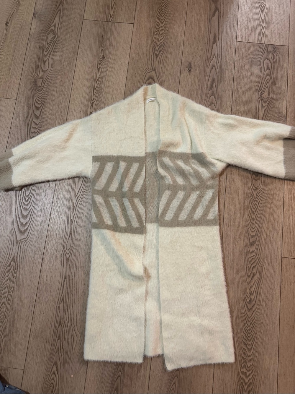 Anthropologie Cozy Cream and Taupe Open-Front Long Women's Sweater Cardigan